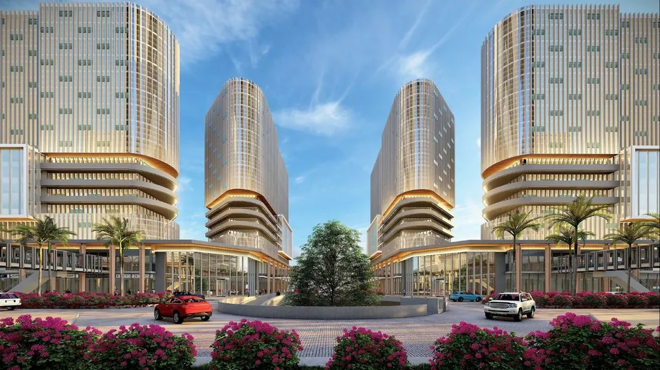 Render of the four Fairfox EON towers around a landscaped central plaza