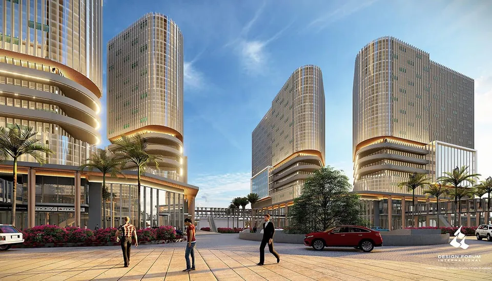 Render of the Fairfox EON towers and entrance plaza