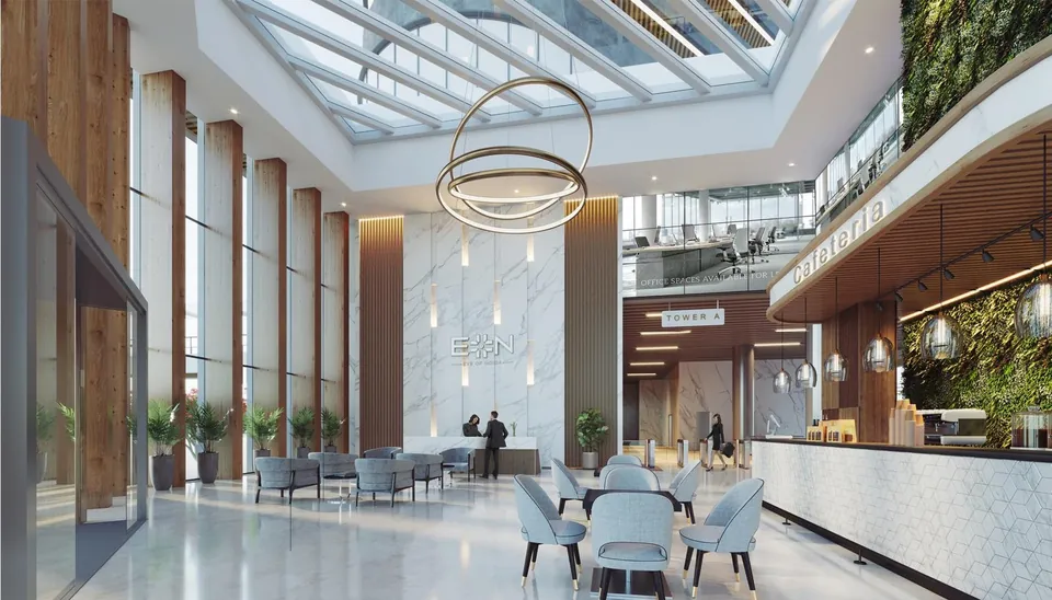 Render of the atrium lobby and seating area at Fairfox EON