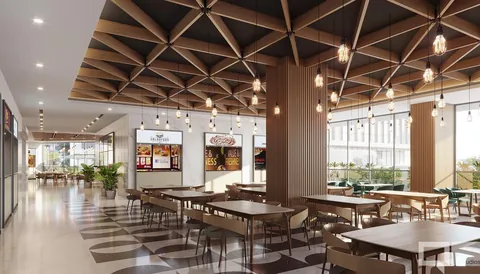 Render of the food court with timber lattice ceiling