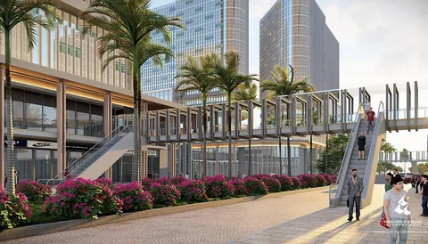 Render of the sky walk crossing over the retail boulevard
