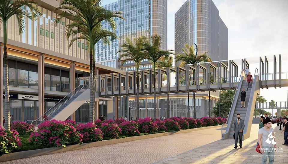 Render of the sky walk and landscaped plaza at Fairfox EON