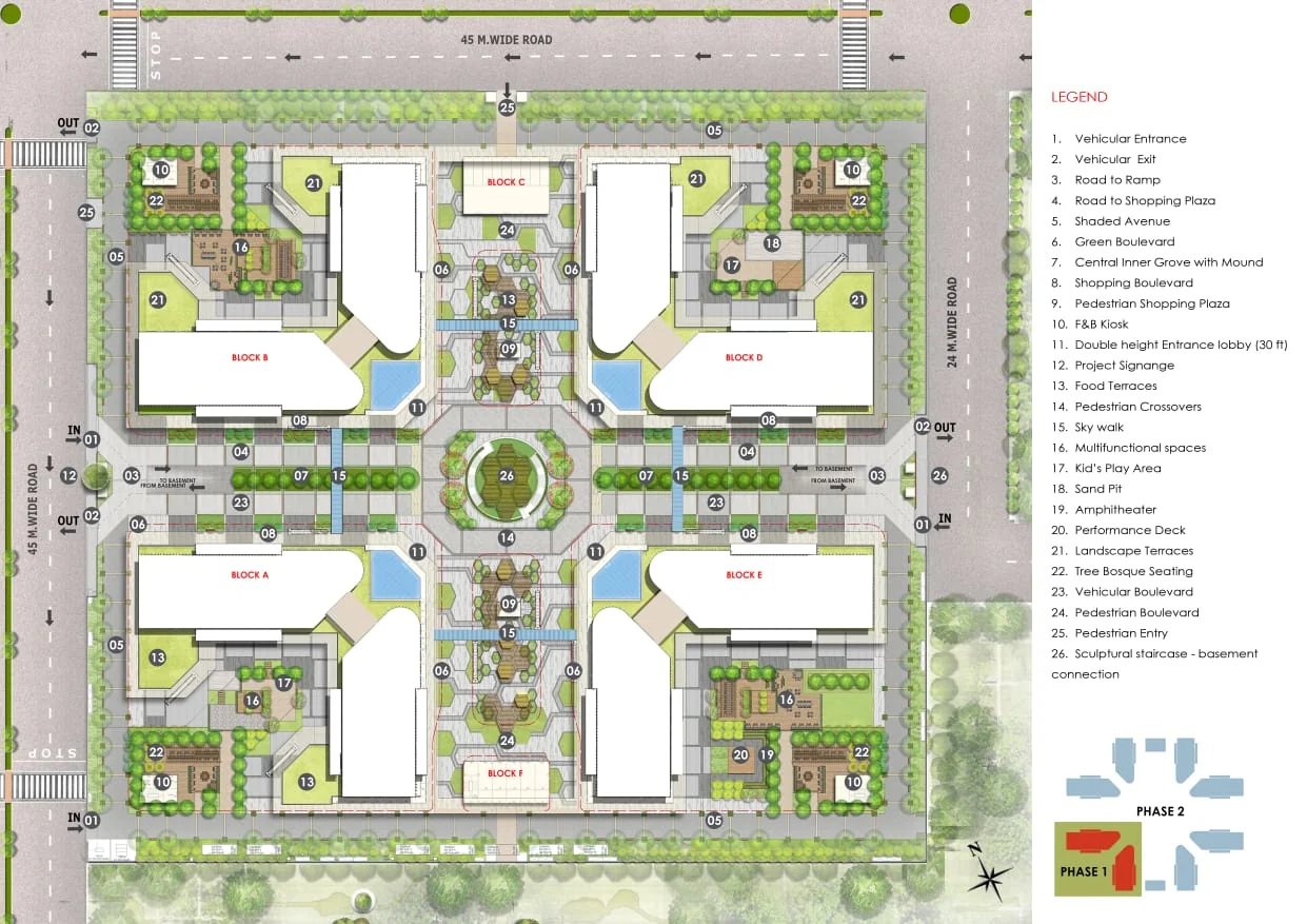Fairfox EON site plan showing Blocks A to F, the central plaza, sky walks and Phase 1 and Phase 2